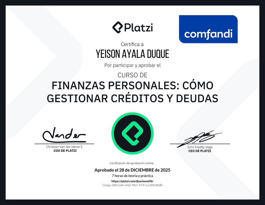 Diploma del Curso de Finanzas Personales: Cómo Gestionar Créditos y Deudas