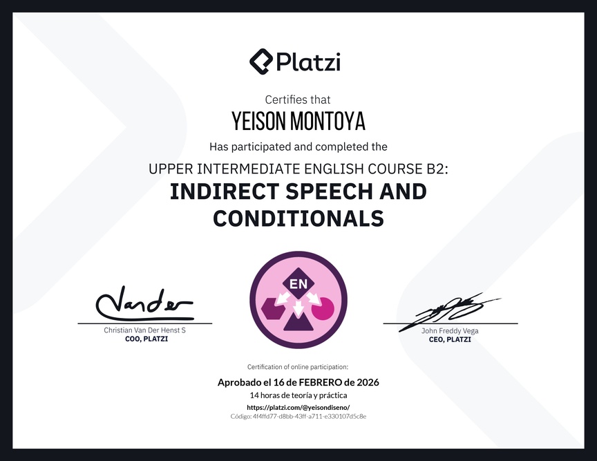 Diploma del Curso de Inglés Intermedio Alto B2: Discurso Indirecto y Condicionales