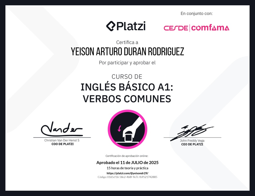 Diploma del Curso de Inglés Básico A1: Verbos Comunes