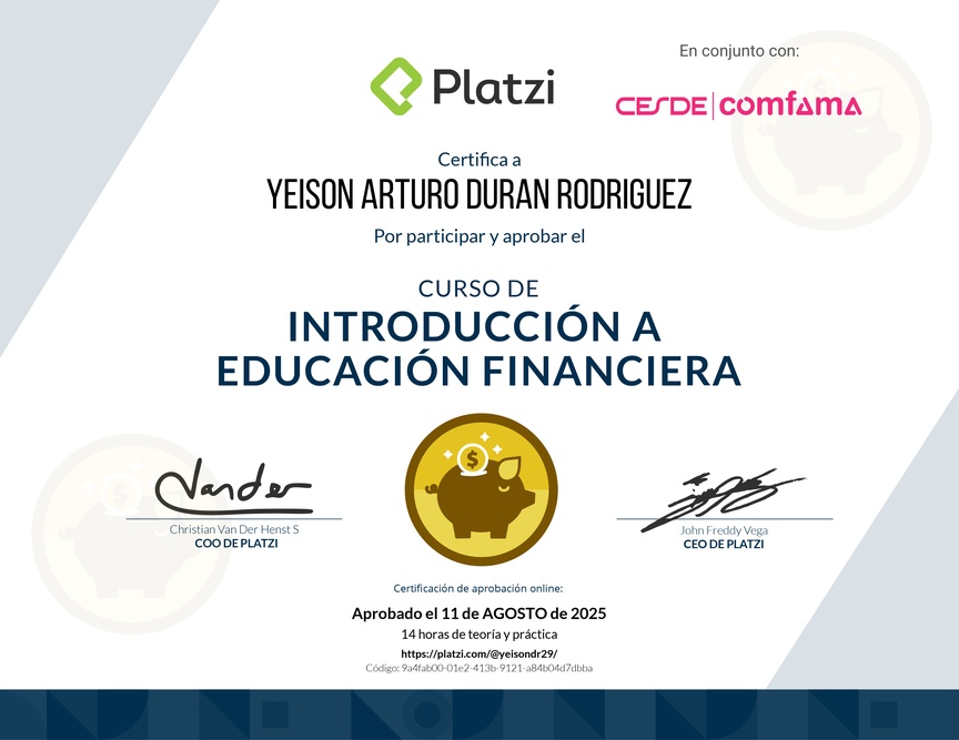 Diploma del Curso de Introducción a Educación Financiera