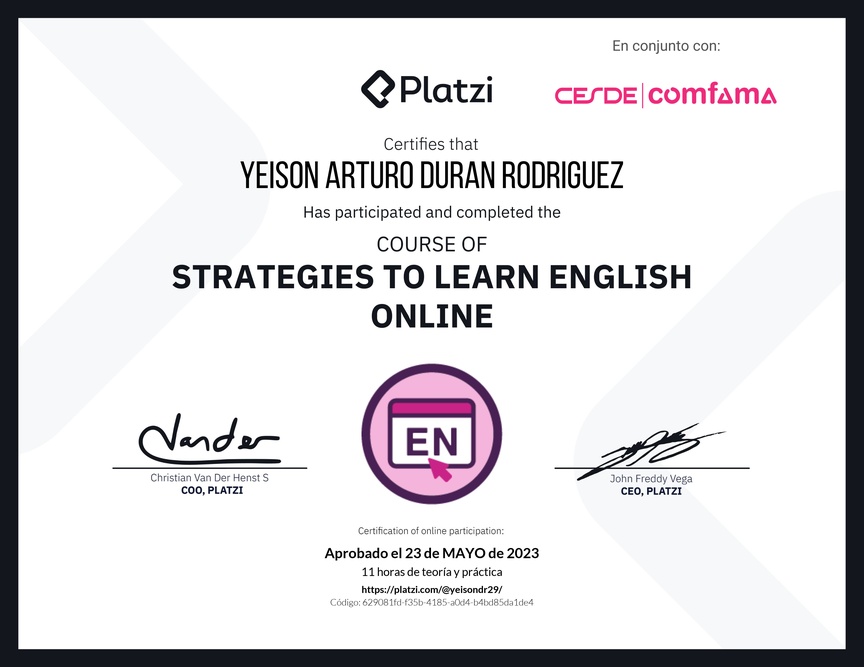 Diploma del Curso Gratis de Estrategias para Aprender Inglés en Línea