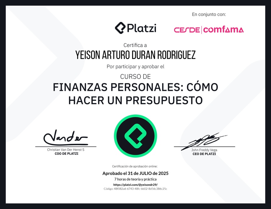 Diploma del Curso de Finanzas Personales: Cómo hacer un Presupuesto