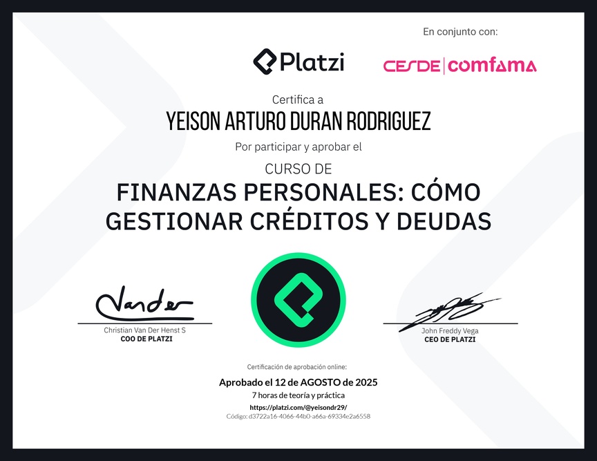 Diploma del Curso de Finanzas Personales: Cómo Gestionar Créditos y Deudas