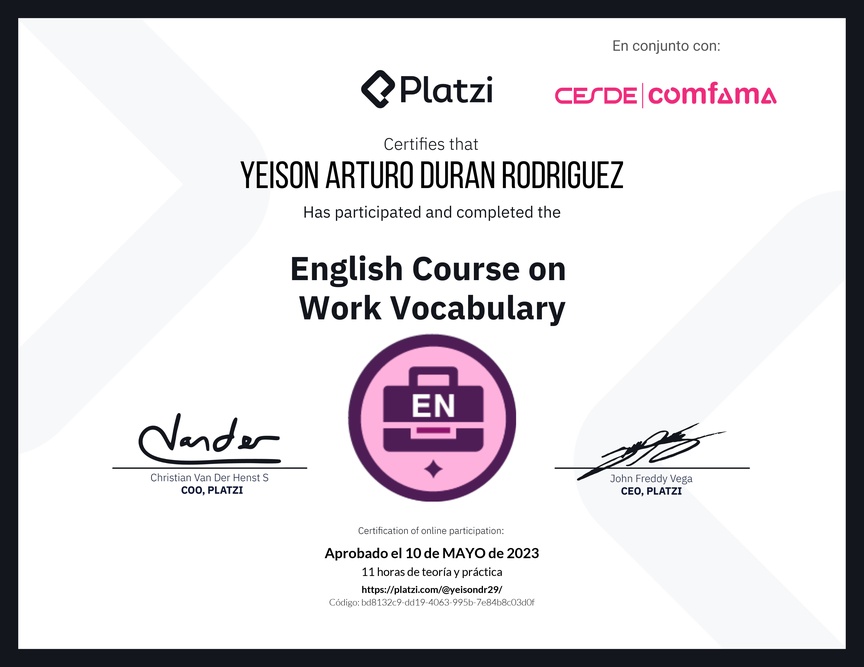 Diploma del Curso de Vocabulario en Inglés para el Trabajo