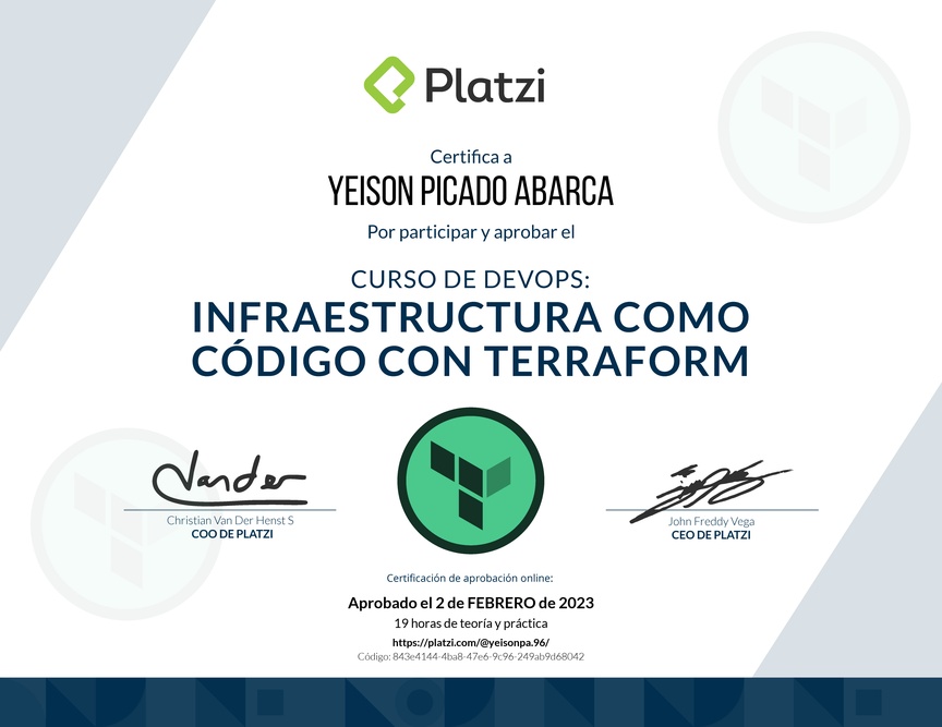 Diploma del Curso de Infraestructura Como Código con Terraform