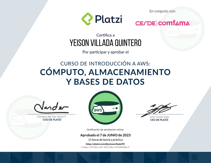 Diploma del Curso de Introducción a AWS: Cómputo, Almacenamiento y Bases de Datos