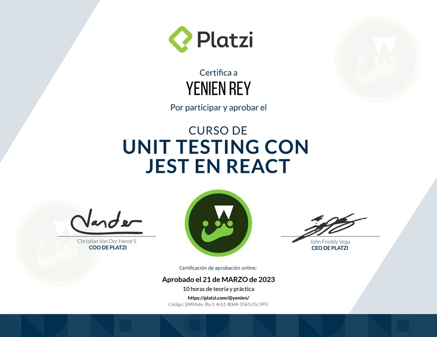 Diploma del Curso de Unit Testing con Jest en React