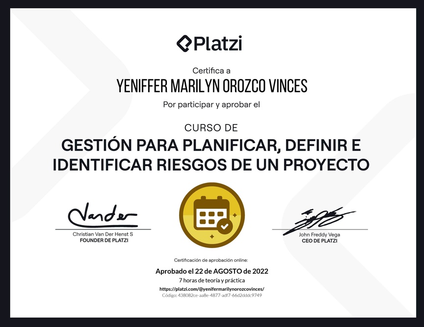 Diploma del Curso de Gestión para Planificar, Definir e Identificar Riesgos de un Proyecto