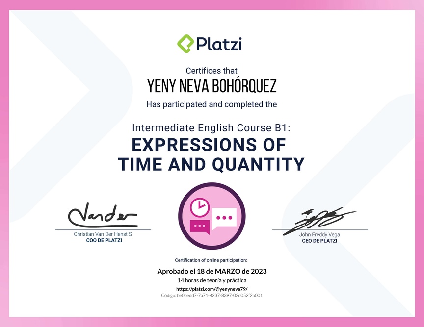 Diploma del Curso de Inglés Intermedio B1: Expresiones de Tiempo y Cantidad