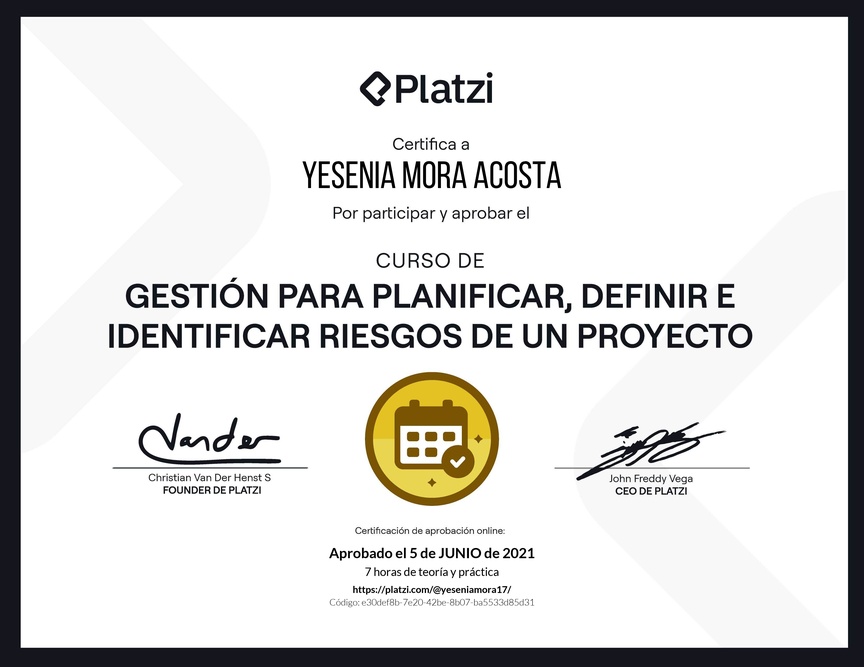 Diploma del Curso de Gestión para Planificar, Definir e Identificar Riesgos de un Proyecto