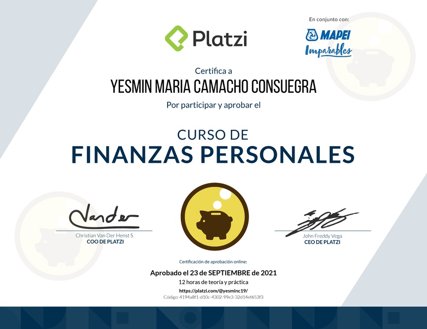 Diploma del Curso de Educación Financiera y Finanzas Personales