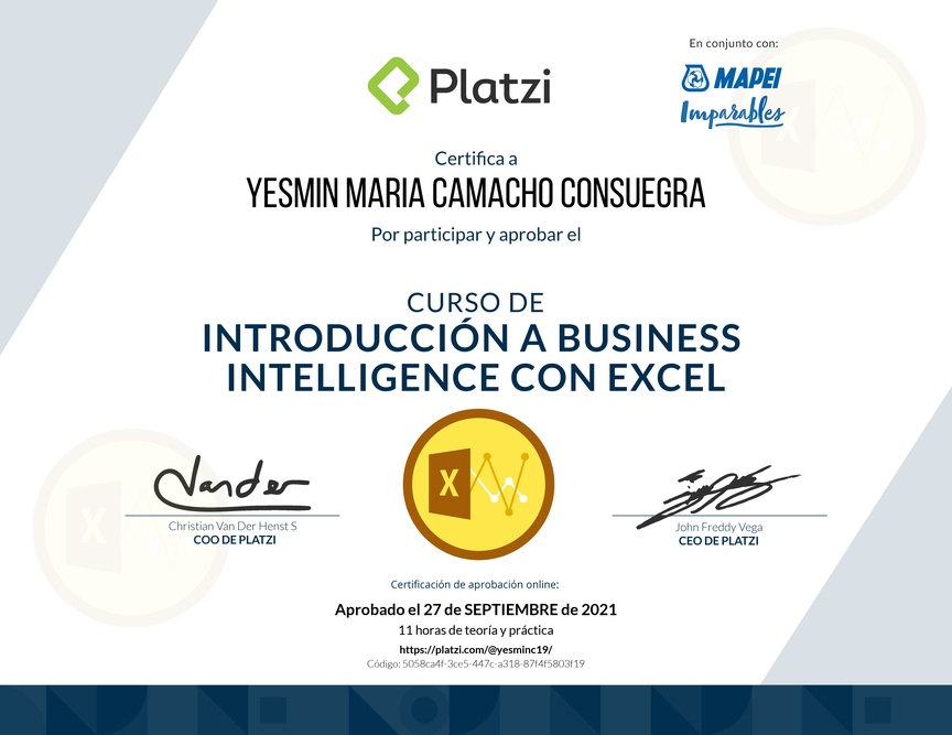 Diploma del Curso de Introducción a Business Intelligence con Excel