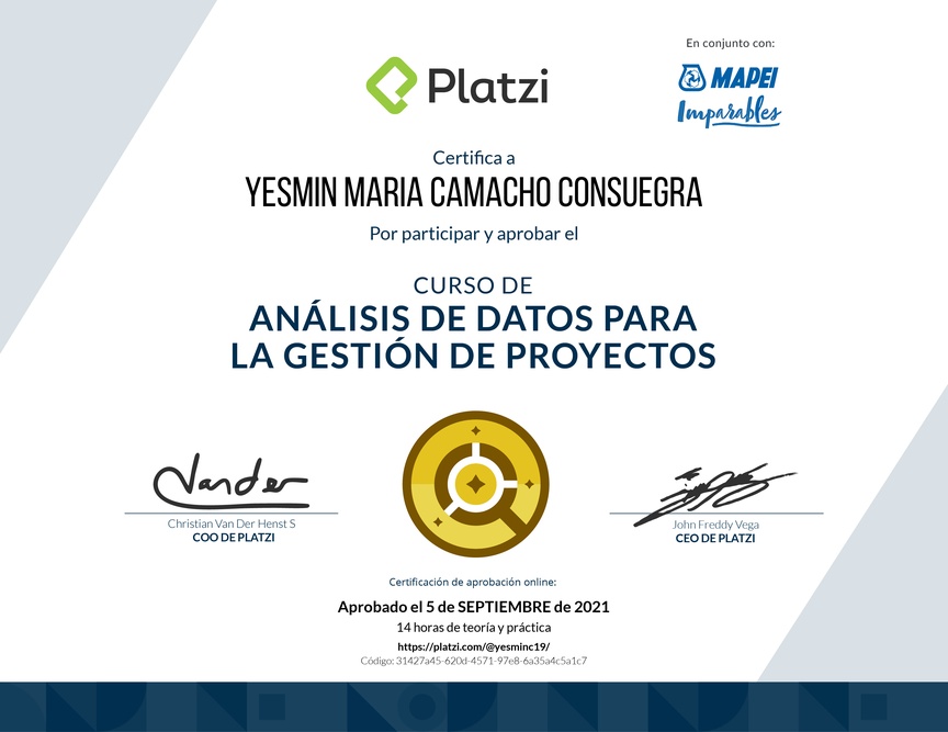 Diploma del Curso de Análisis de Datos para la Gestión de Proyectos
