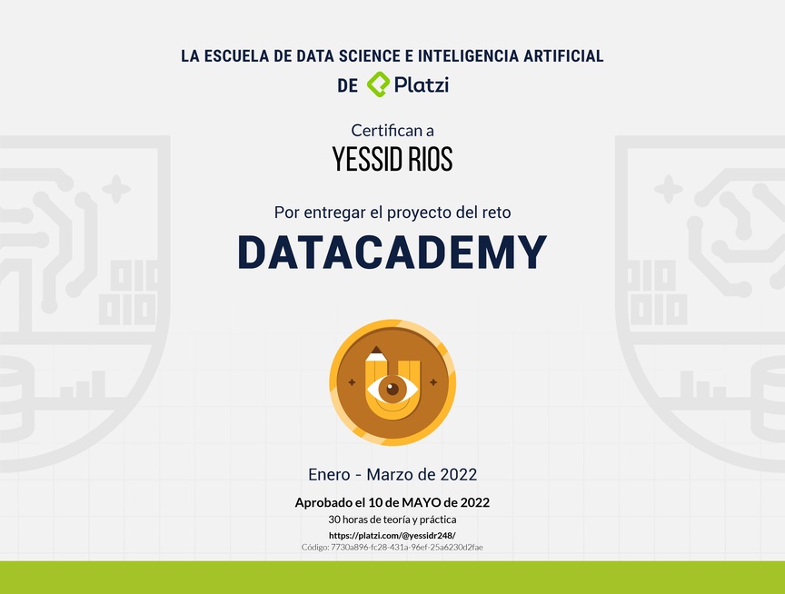 Diploma de Proyecto del #PlatziChallenge Datacademy 2022
