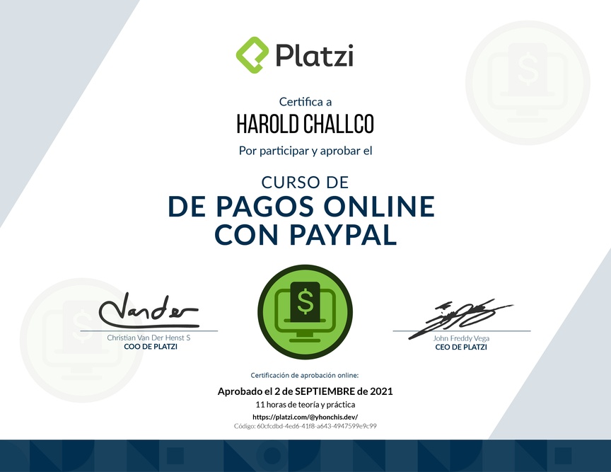 Diploma del Curso de Pagos Online con PayPal