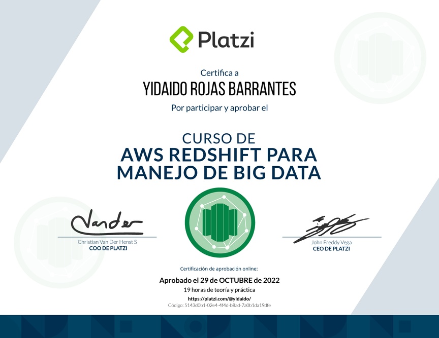 Diploma del Curso de AWS Redshift para Manejo de Big Data