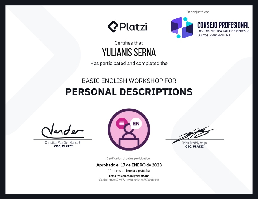 Diploma del Curso de Inglés Práctico para Descripciones Personales (2020=