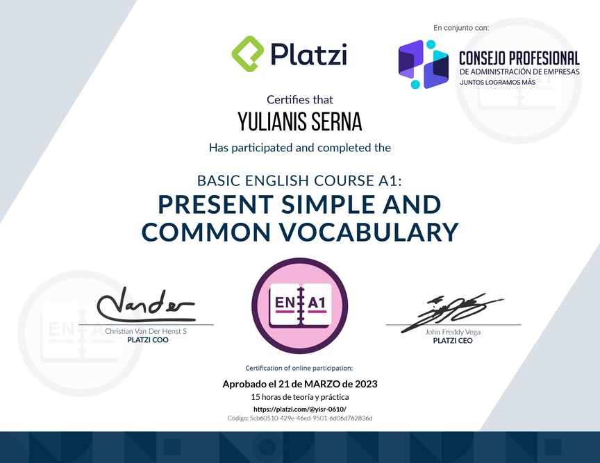 Diploma del Curso de Inglés Básico A1: Presente Simple y Vocabulario Común (2021)