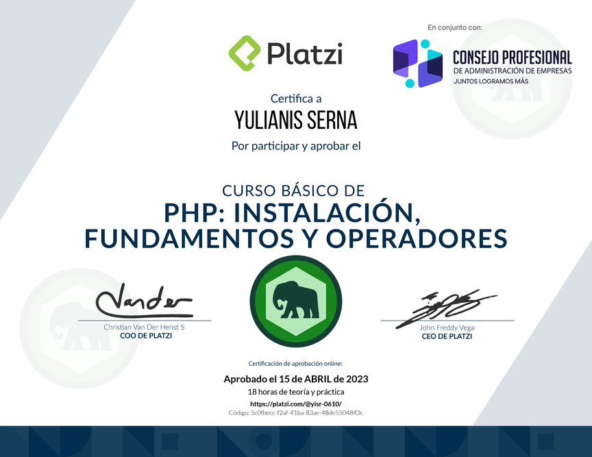 Diploma del Curso Básico de PHP: Instalación, Fundamentos y Operadores