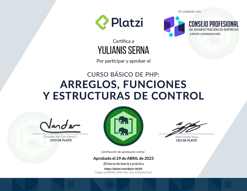 Diploma del Curso de PHP: Arreglos, Funciones y Estructuras de Control