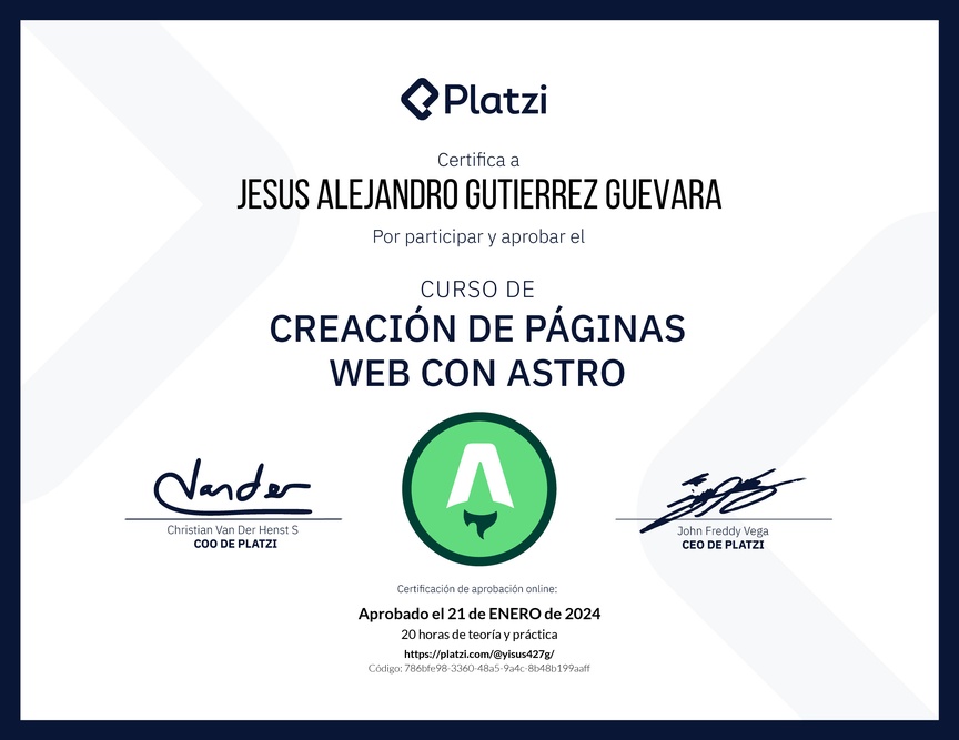 Diploma del Curso de Creación de Páginas Web con Astro