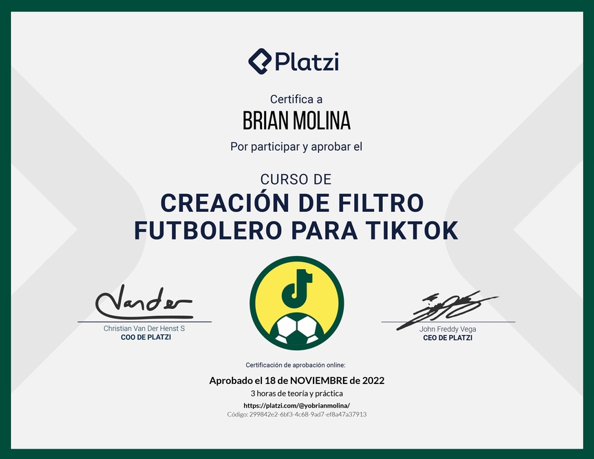 Diploma de Creación de Filtro Futbolero para TikTok