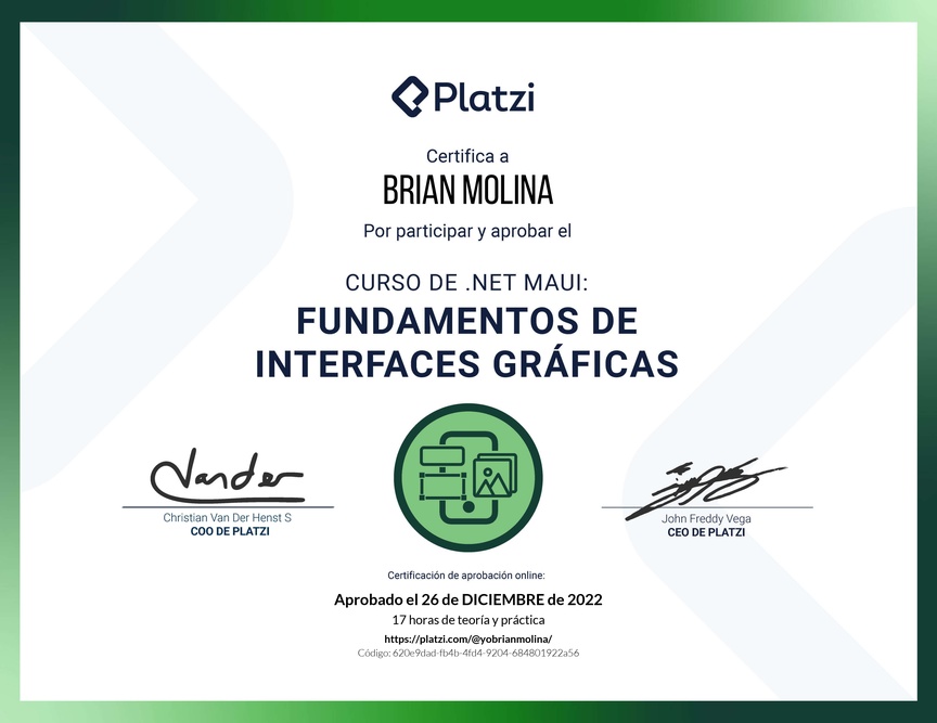 Diploma del Curso de .NET MAUI: Fundamentos de Interfaces Gráficas