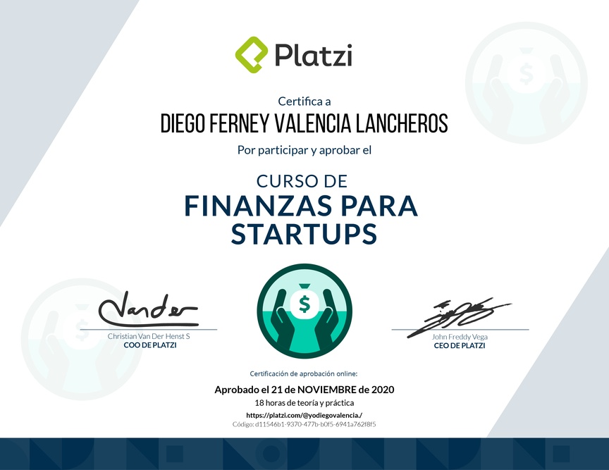 Diploma del Curso de Finanzas para Startups