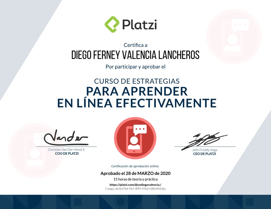 Diploma del Curso de Estrategias para Aprender en Línea Efectivamente 2019