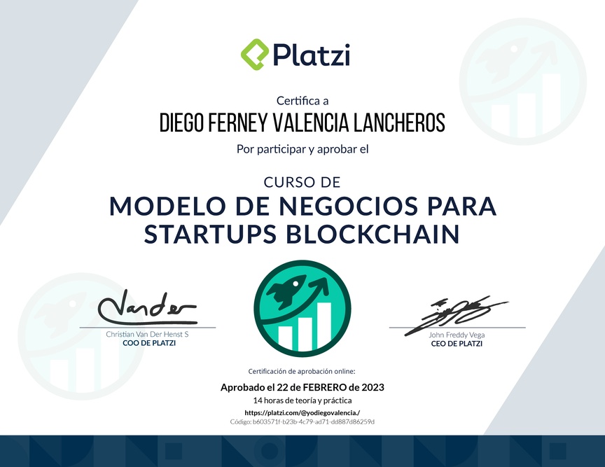 Diploma del Curso de Modelo de Negocio para Startups Blockchain