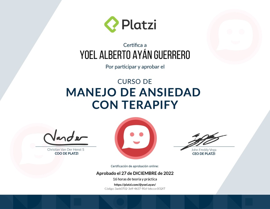 Diploma del Curso de Manejo de Ansiedad con Terapify