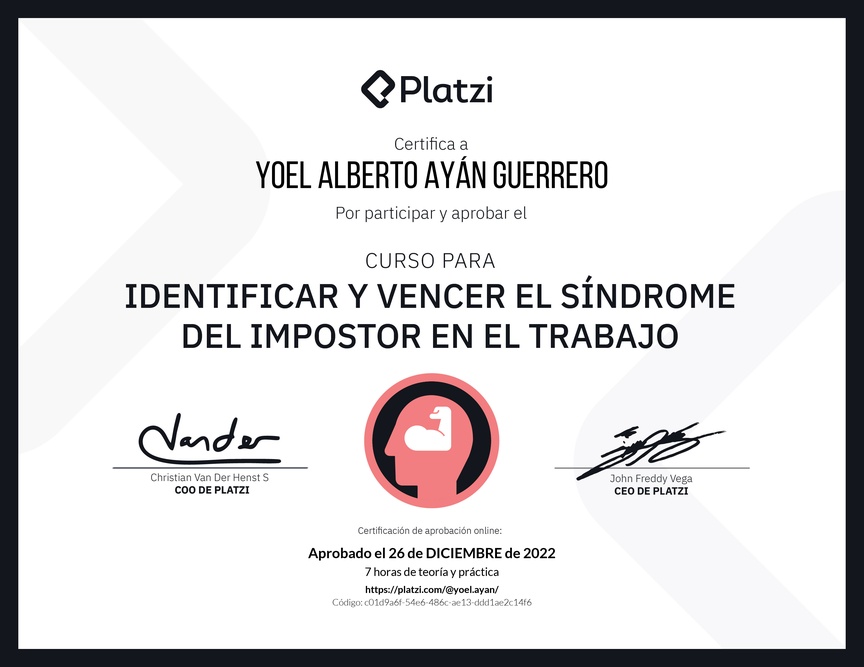 Diploma del Curso para Identificar y Vencer el Síndrome del Impostor