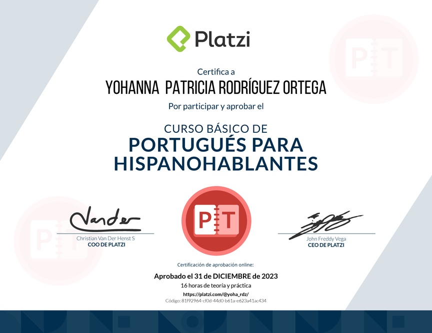 Diploma del Curso de Portugués para Hispanohablantes