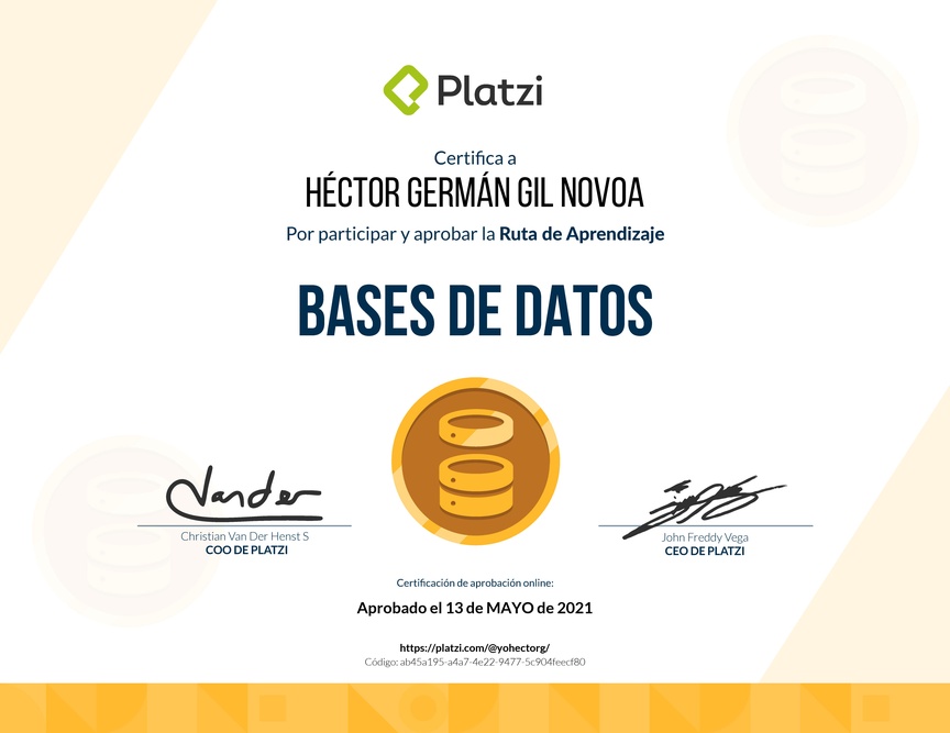 Diploma de la Ruta de Aprendizaje de Bases de datos desde cero