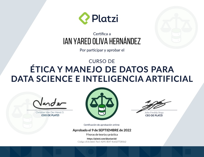 Diploma del Curso de Ética y Manejo de Datos para Data Science e Inteligencia Artificial