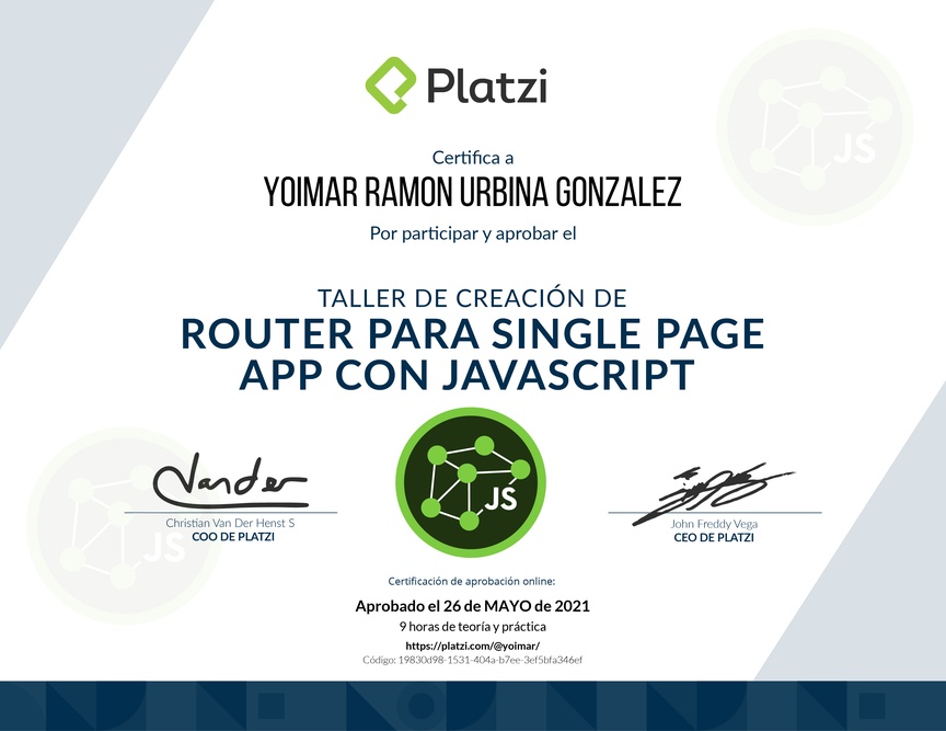 Diploma de Taller de Creación de Router para Single Page App con JavaScript