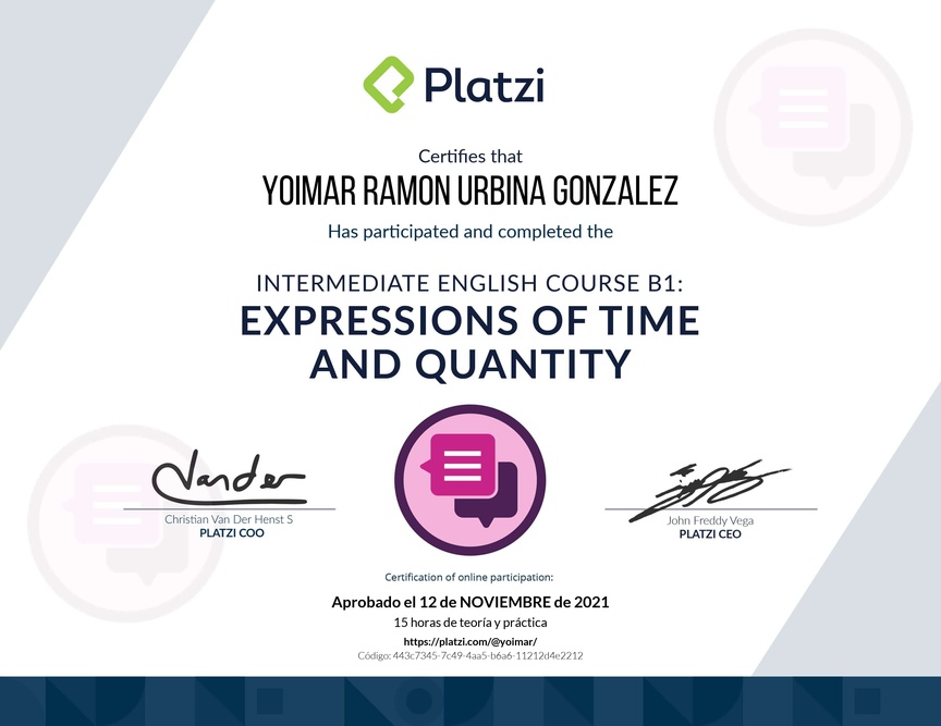 Diploma del Curso de Inglés Intermedio: Expresiones de Tiempo y Cantidad 2021