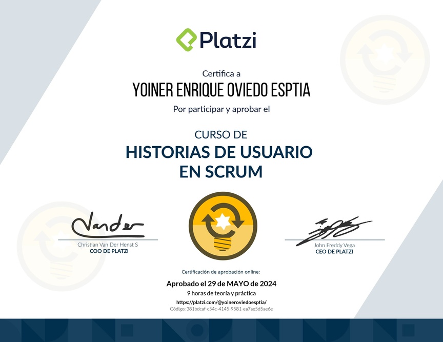 Diploma del Curso de Historias de Usuario en Scrum