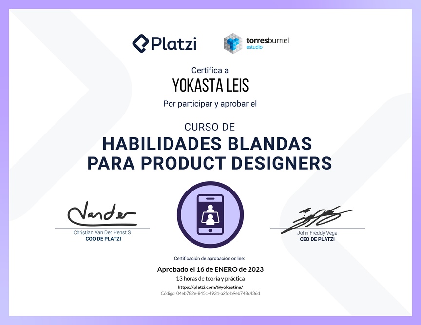 Diploma del Curso de Habilidades Blandas para Product Designers