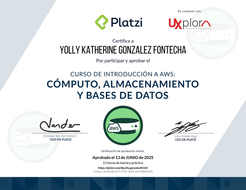 Diploma del Curso de Introducción a AWS: Cómputo, Almacenamiento y Bases de Datos