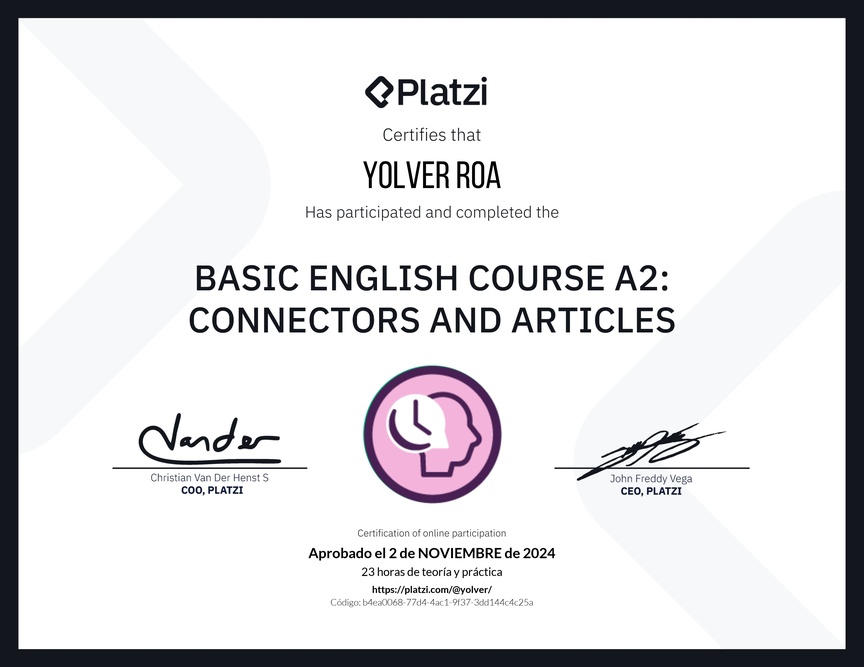 Diploma del Curso de Inglés Básico A2: Conectores y Artículos