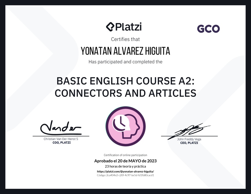 Diploma del Curso de Inglés Básico A2: Conectores y Artículos