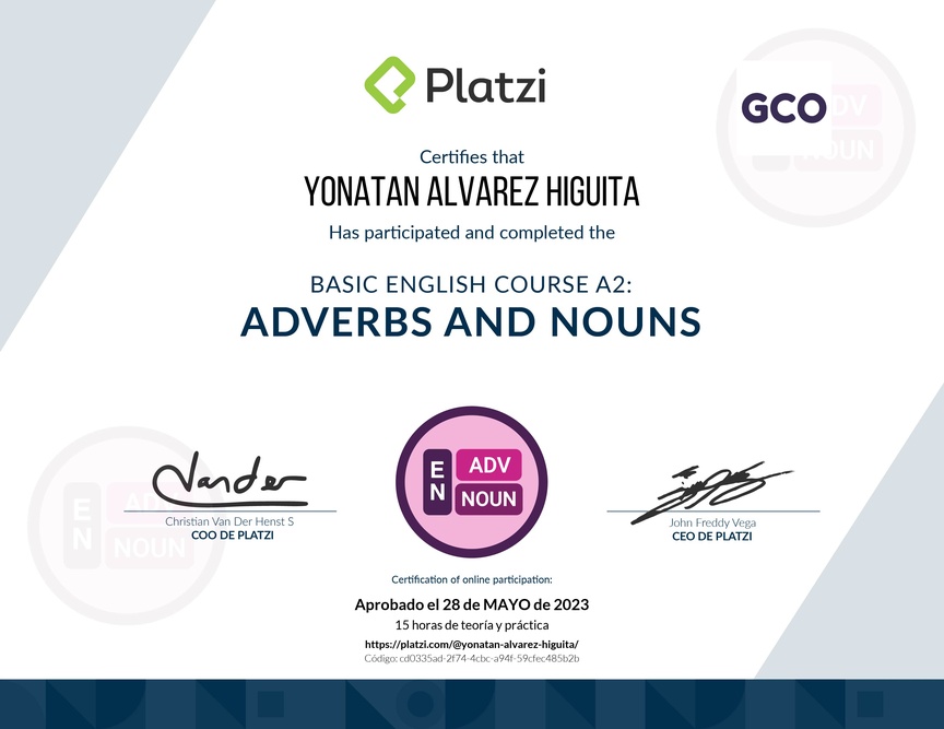 Diploma del Curso de Inglés Básico: Adverbios y Sustantivos (2021)