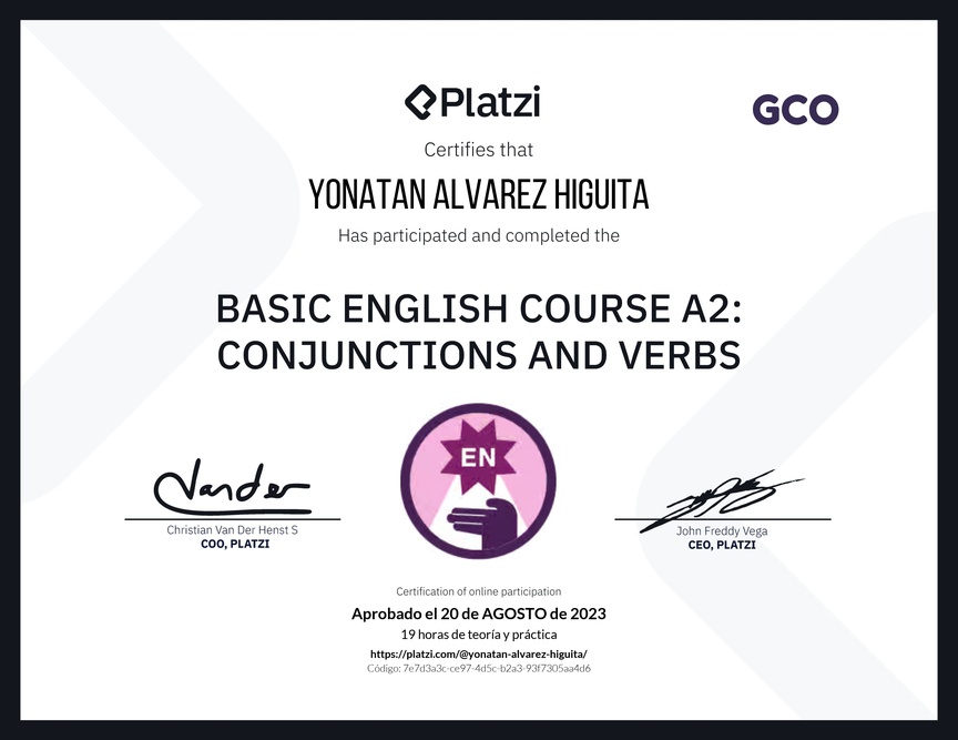 Diploma del Curso de Inglés Básico A2: Conjunciones y Verbos