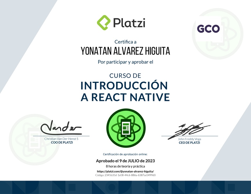 Diploma del Curso de Introducción a React Native