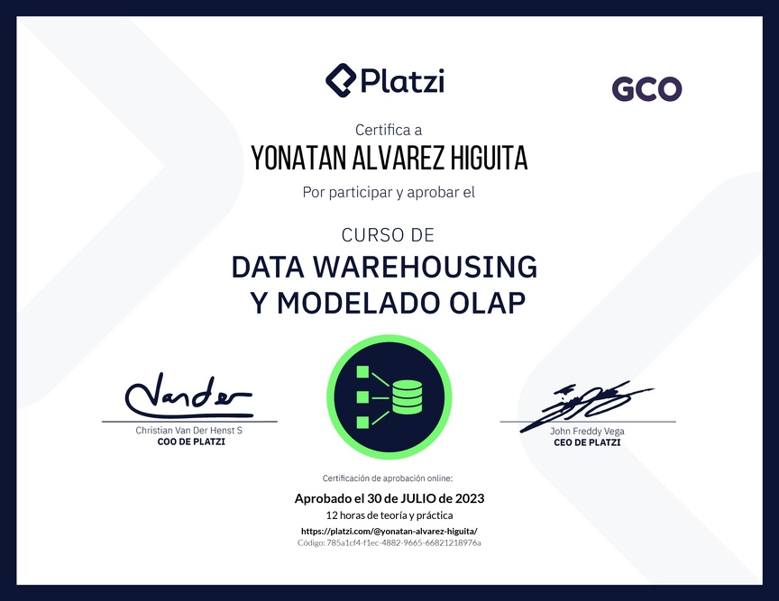 Diploma del Curso de Data Warehousing y Modelado OLAP