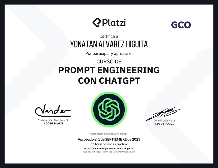 Diploma del Curso de Prompt Engineering con ChatGPT
