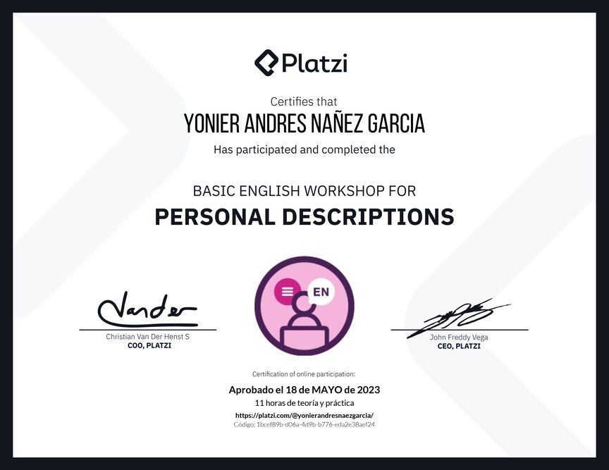 Diploma del Curso de Inglés Práctico para Descripciones Personales (2020=