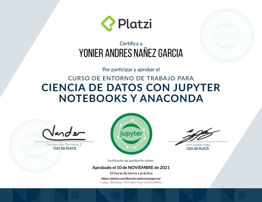Diploma del Curso de Entorno de Trabajo para Ciencia de Datos con Jupyter Notebooks y Anaconda
