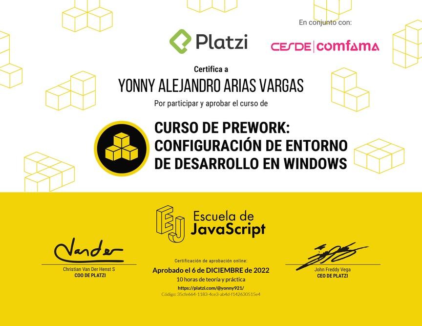 Diploma del Curso de Prework: Configuración de Entorno de Desarrollo en Windows